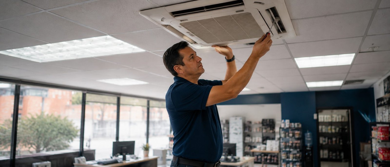 Equipo de aire acondicionado tipo cassette instalado en un local comercial