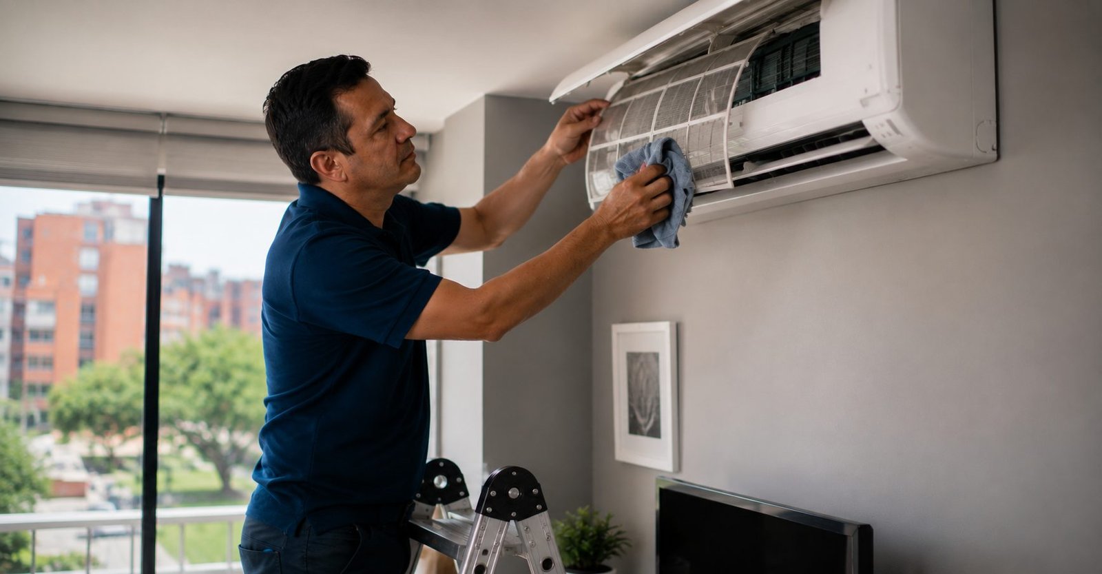 Técnico realizando mantenimiento y lavado de un aire acondicionado a domicilio