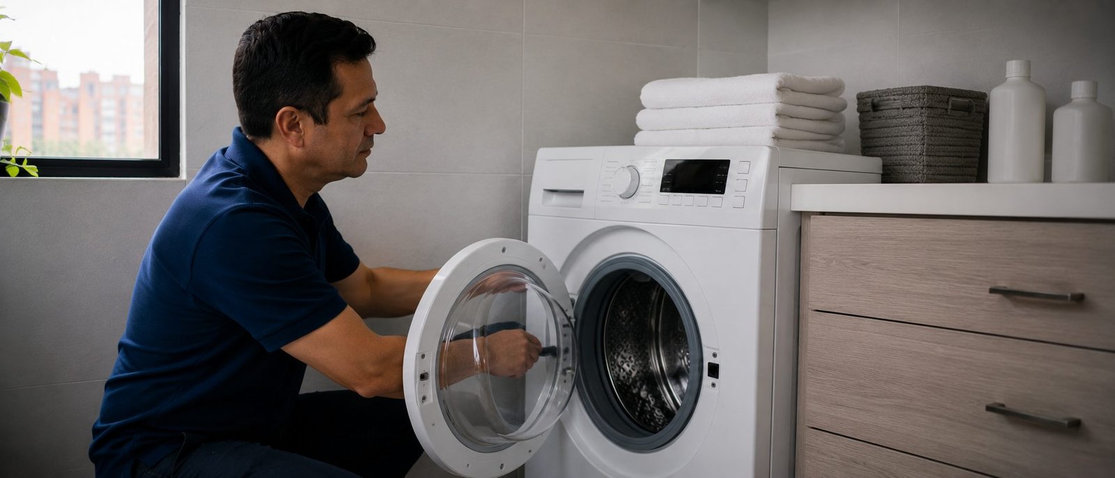 Técnico reparando una lavadora automática a domicilio en Bogotá